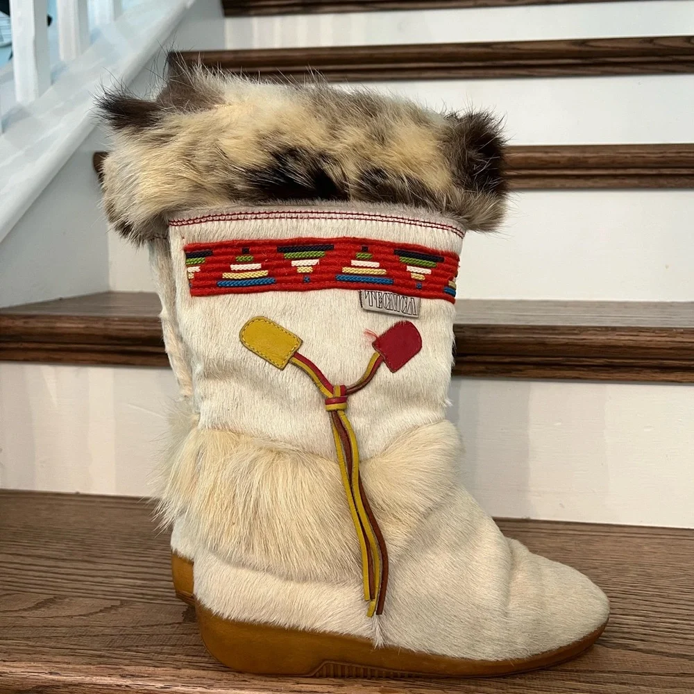 TECNICA Scandinavian Apres Ski Boots Fur-Lined Boots Red Yellow Blue 7.5 (38)